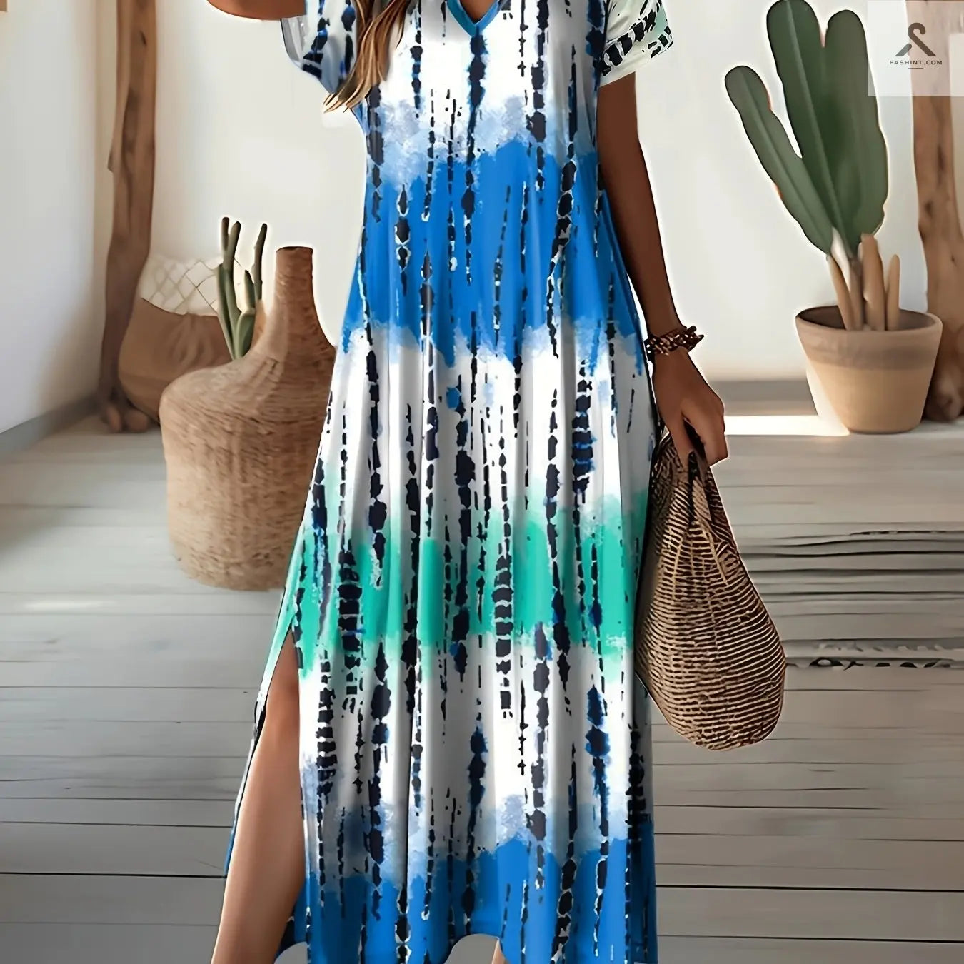 فستان V-neck ملون بألوان صيفية مع أكمام قصيرة أنيقة Fashint