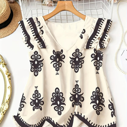 قميص نسائي مزخرف بأزهار بتصميم بلا أكمام وأكتاف مدرجة Fashint