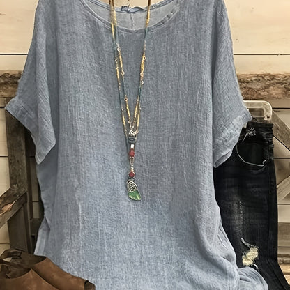 بلوزة نسائية قصيرة الأكمام بأحجام كبيرة باللون الوردي - مثالية لموسم الربيع والصيف والخريف Fashint