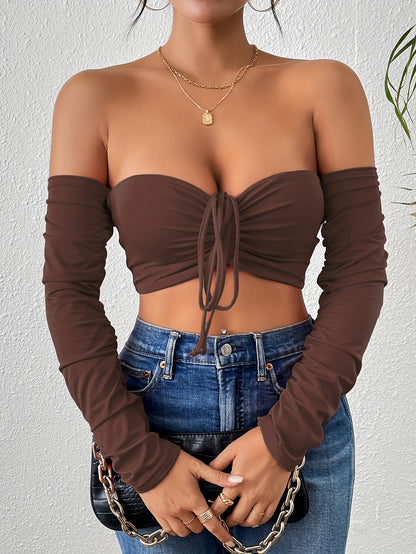 تي شيرت كروب بأكتاف مكشوفة وسحّاب أمامي Fashint